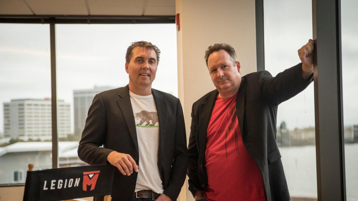 Paul Scanlan, left, and Jeff Annison, the co-founders of Legion M, an entertainment company startup based on a crowdfunding model, at their headquarters in Emeryville.