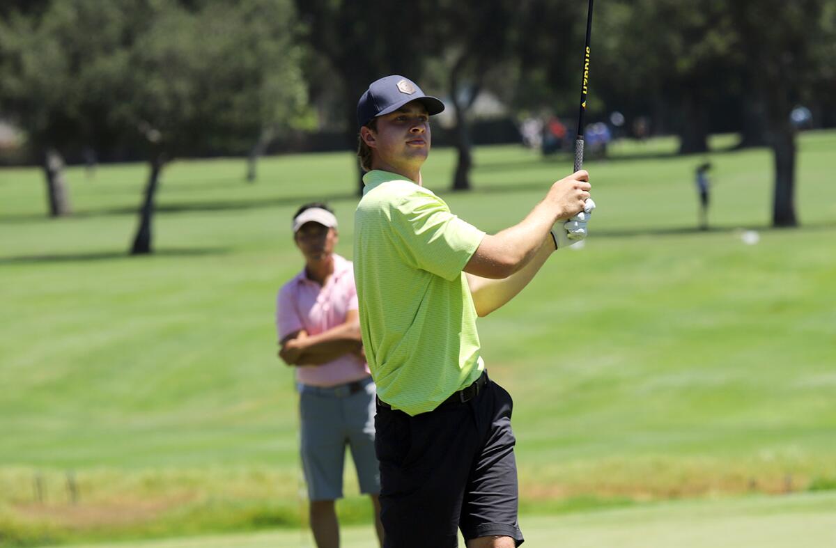Edison's Connor Krueger during the CIF State boys' golf championship at the San Gabriel Country Club on Wednesday.