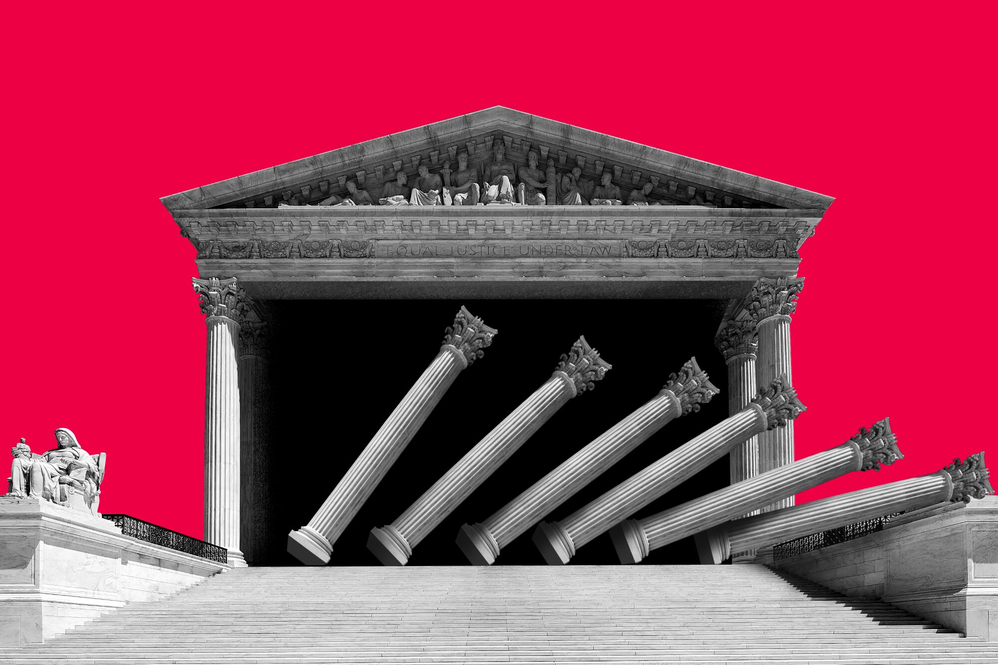 photo illustration of the Supreme Court building with the columns falling like dominoes.