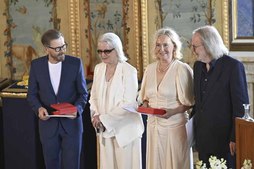 The music group ABBA with Björn Ulvaeus, Anni-Frid Lyngstad, Agnetha Fältskog and Benny Andersson will receive the Royal Vasa Order from Sweden's King Carl Gustaf and Queen Silvia at a ceremony at Stockholm Royal Palace on May 31 for outstanding contributions to Swedish and international music life. (Henrik Montgomery/TT News Agency via AP)