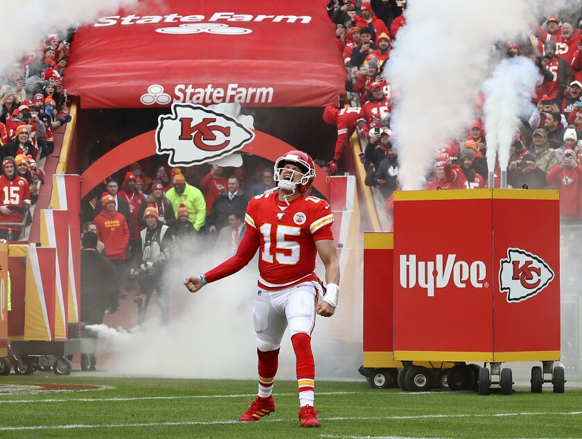 Chiefs quarterback Patrick Mahomes is introduced before a game against the Chargers on Dec. 29 at Arrowhead Stadium.