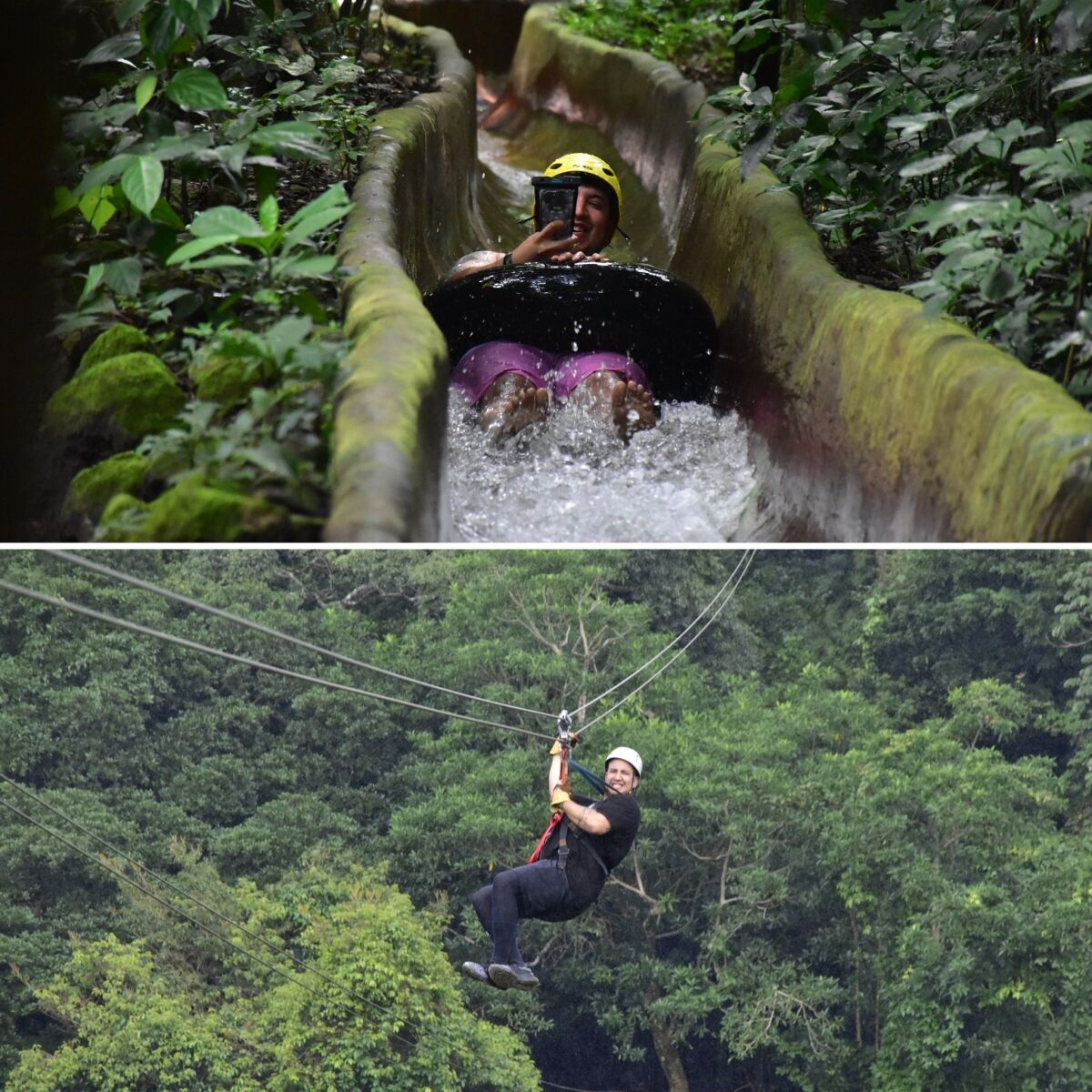 A man shoots down a water slide in the top photo and rides a zipline through the jungle in the bottom photo. 