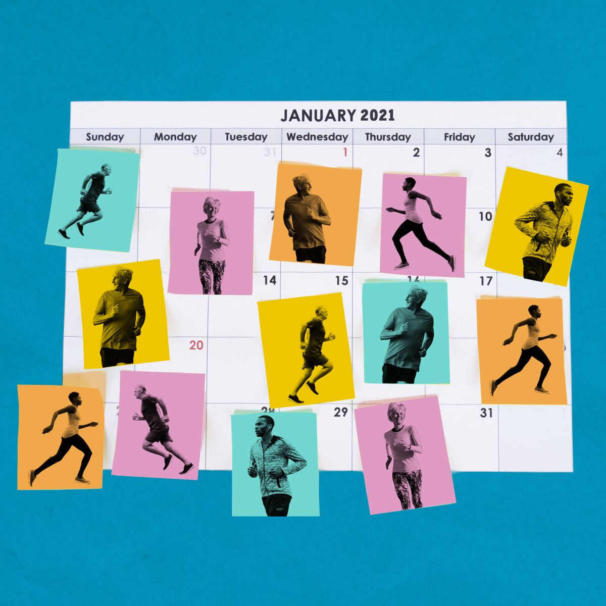 Illustration shows figures running, placed on a calendar.