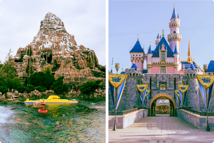 Photographs of a mountain with submarine in water below and the castle at Disneyland