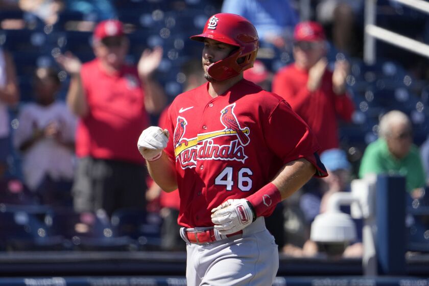 St. Louis Cardinals' Paul Goldschmidt rounds the bases after hitting a solo home run during the first inning of a spring training baseball game against the Washington Nationals Tuesday, Feb. 28, 2023, in West Palm Beach, Fla. (AP Photo/Jeff Roberson)