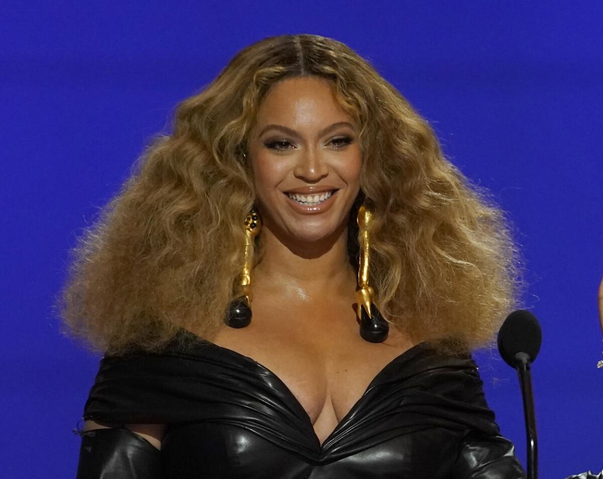 FILE - Beyonce appears at the 63rd annual Grammy Awards in Los Angeles, on March 14, 2021. Beyoncé has been reborn again; this time it’s on a shimmering dance floor. But in her seventh studio album, "Renaissance," released on July 29, 2022, from Columbia Records, she has subverted the public's perception of her hitmaking history. (AP Photo/Chris Pizzello, File)
