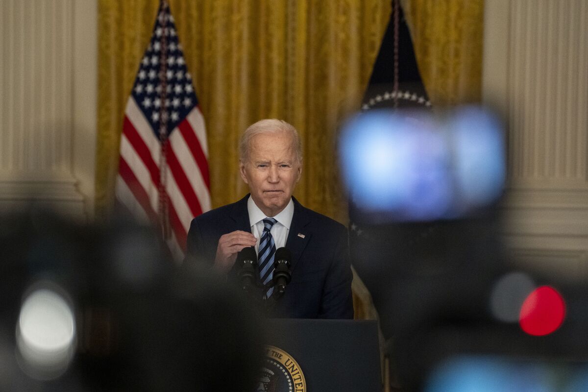 President Biden speaking in the East Room of the White House.
