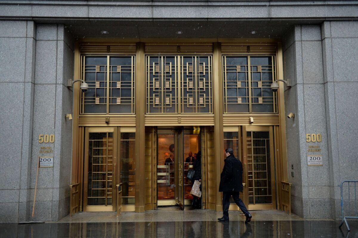 The entrance to federal court in New York where the trial of wine dealer Rudy Kurniawan was held.