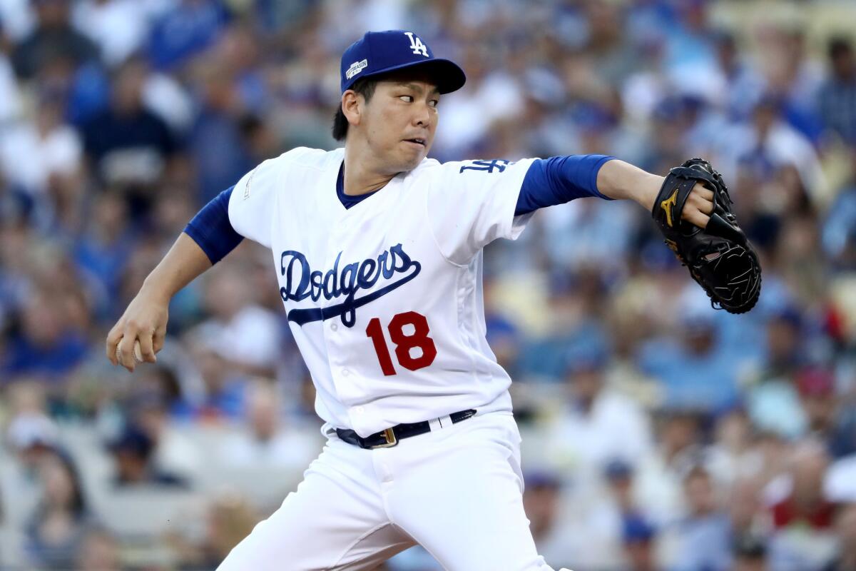 Dodgers' Kenta Maeda pitches against the Chicago Cubs in Game 5 of the National League Championship Series on Oct. 20.