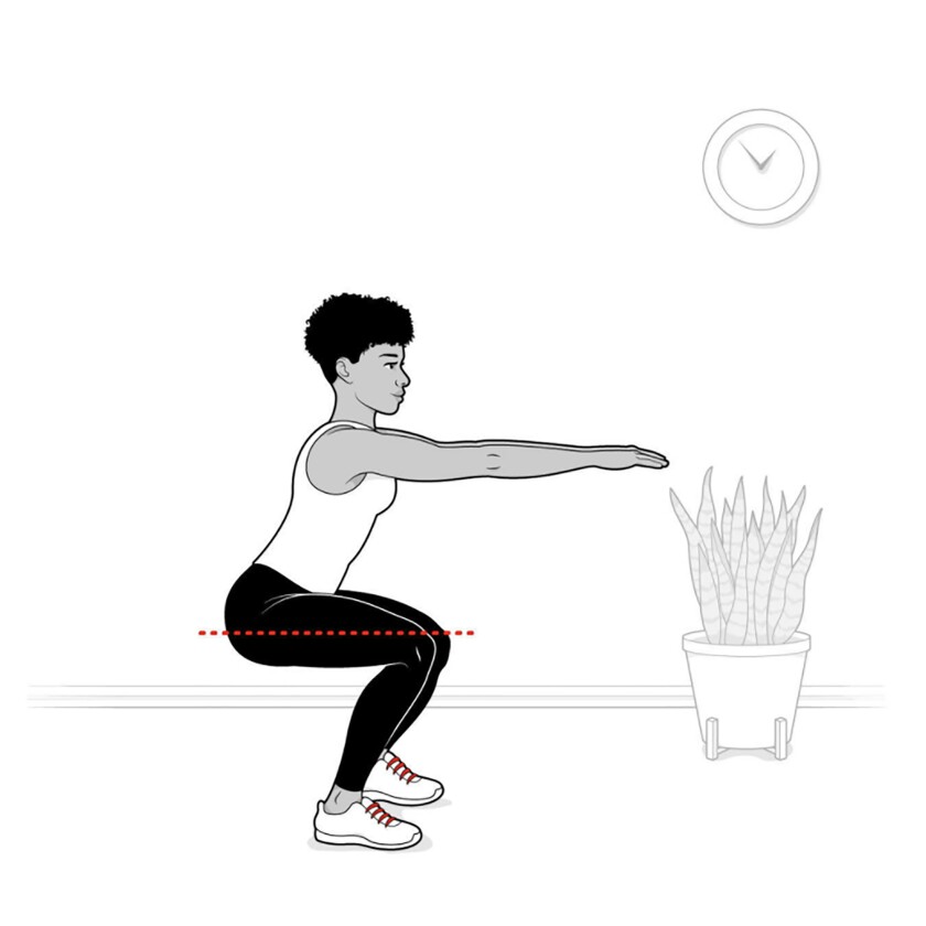 Step 4: Squat as low as is comfortably possible. Aim eventually to get your thighs parallel with the ground.