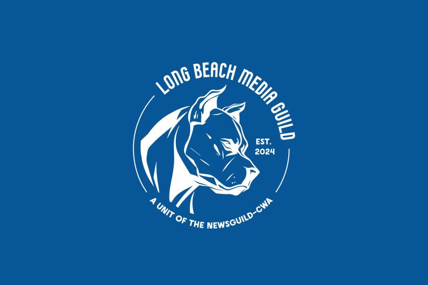  A blue logo of a bulldog inside a circle that reads, "Long Beach Media Guild a unit of the NewsGuild-CWA"
