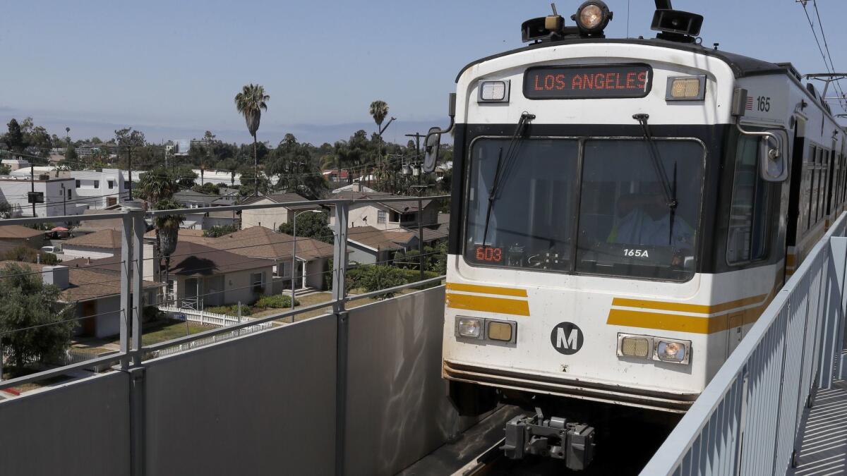 A Expo Line train pulls into the Expo/Bundy Station in West L.A. on July 2, 2018.