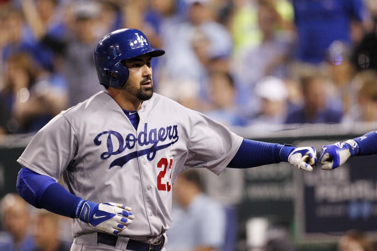 Adrian Gonzalez was two for four at the plate with a solo home run in the ninth inning of the Dodgers' 5-3 loss Monday to the Royals in Kansas City.