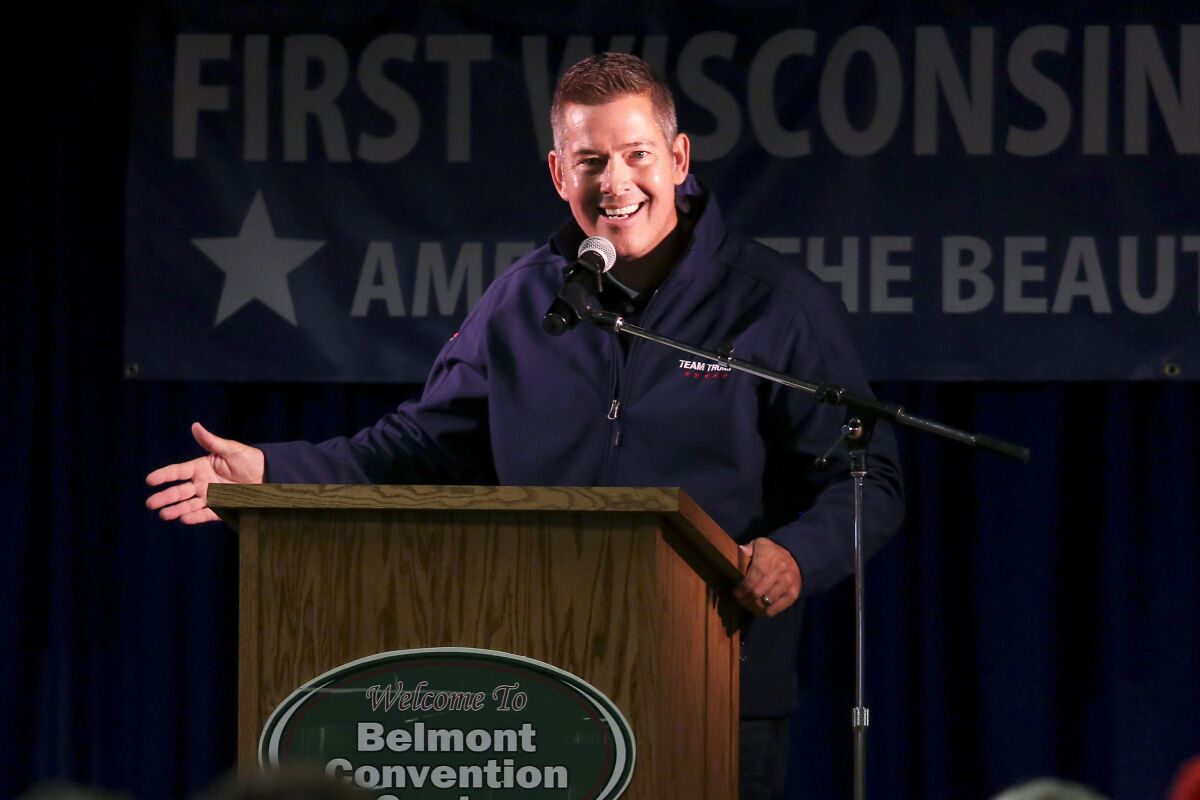 FILE - Former U.S. Rep. Sean Duffy, a Republican, delivers the keynote speech at the First Wisconsin Rally on Saturday, Sept. 26, 2020, in Belmont, Wis. Duffy announced Thursday, Jan. 6, 2022, that he won't run for Wisconsin governor this year, ignoring pleas to do so by former President Donald Trump. (Nicki Kohl/Telegraph Herald via AP File)