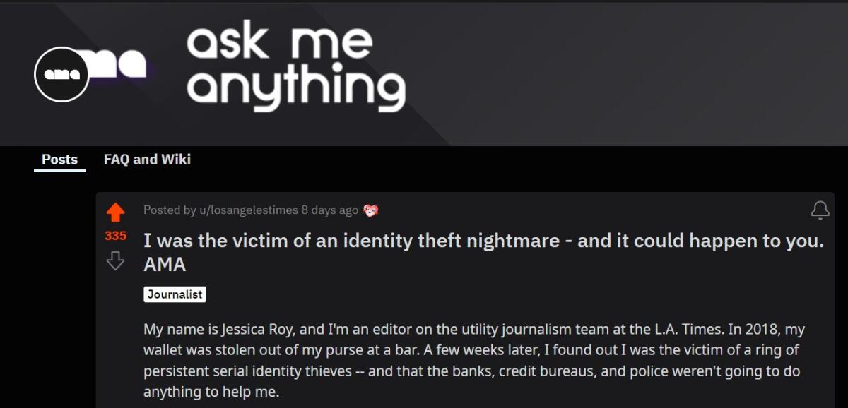 A screenshot of a Reddit "Ask Me Anything" with L.A. Times journalist Jessica Roy.