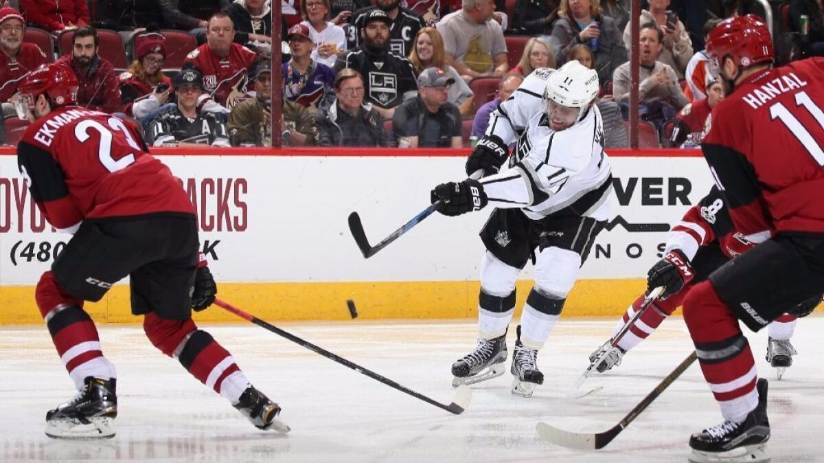 Kings center Anze Kopitar puts a shot on net during the second period of a game in Glendale, Ariz. on Tuesday.
