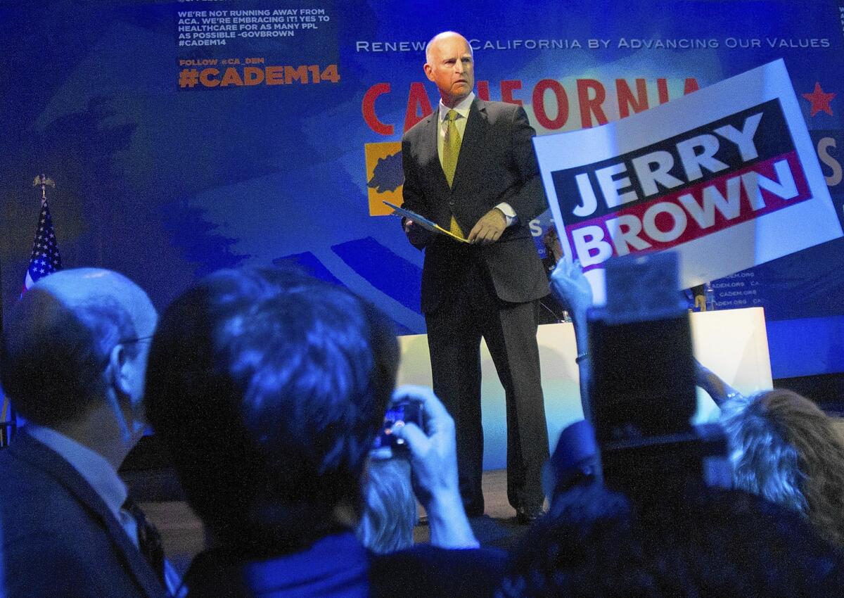 Democrats and Republicans have come to a compromise on the rainy-day fund proposal by Gov. Jerry Brown, seen above at the California Democratic Convention in March.