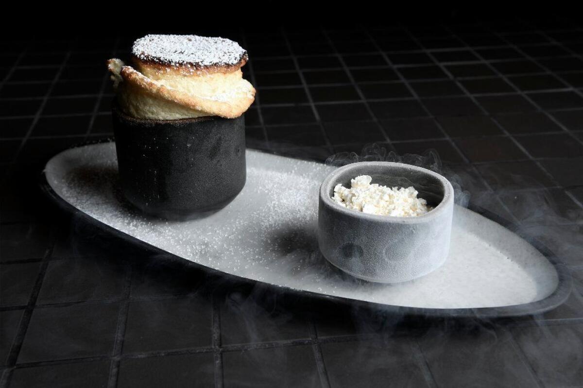 Pastry chef Sally Camacho Mueller makes a fantastic vanilla souffle with ice cream dots.