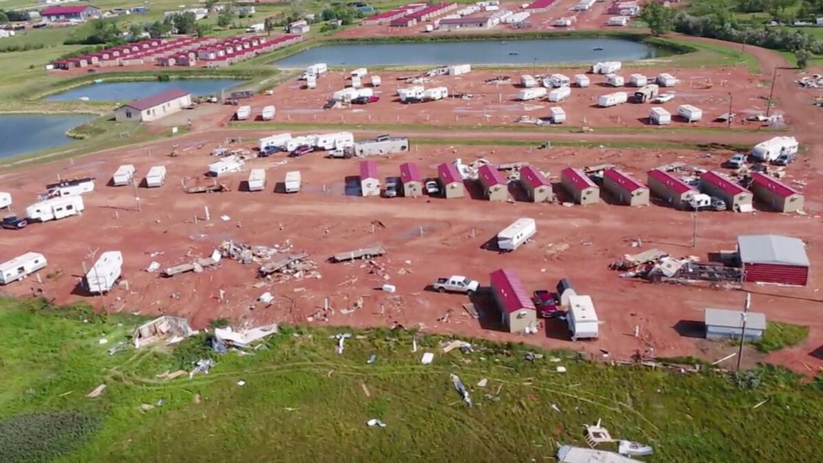 An image from video shows damage at an RV park in Watford City, N.D., after a violent storm that began July 10 whipped through the city overnight.