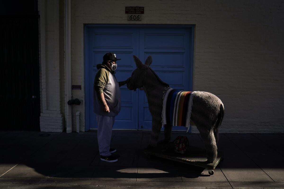 Jesus Hernandez stores his uncle's life-size stuffed donkey during the business' off-hours.