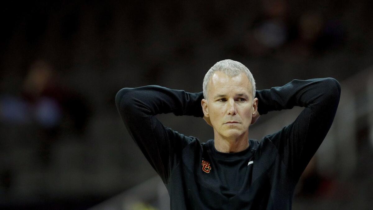 USC's head coach Andy Enfield watches during the first half against Texas Tech Monday, Nov. 19, 2018, in Kansas City, Mo.