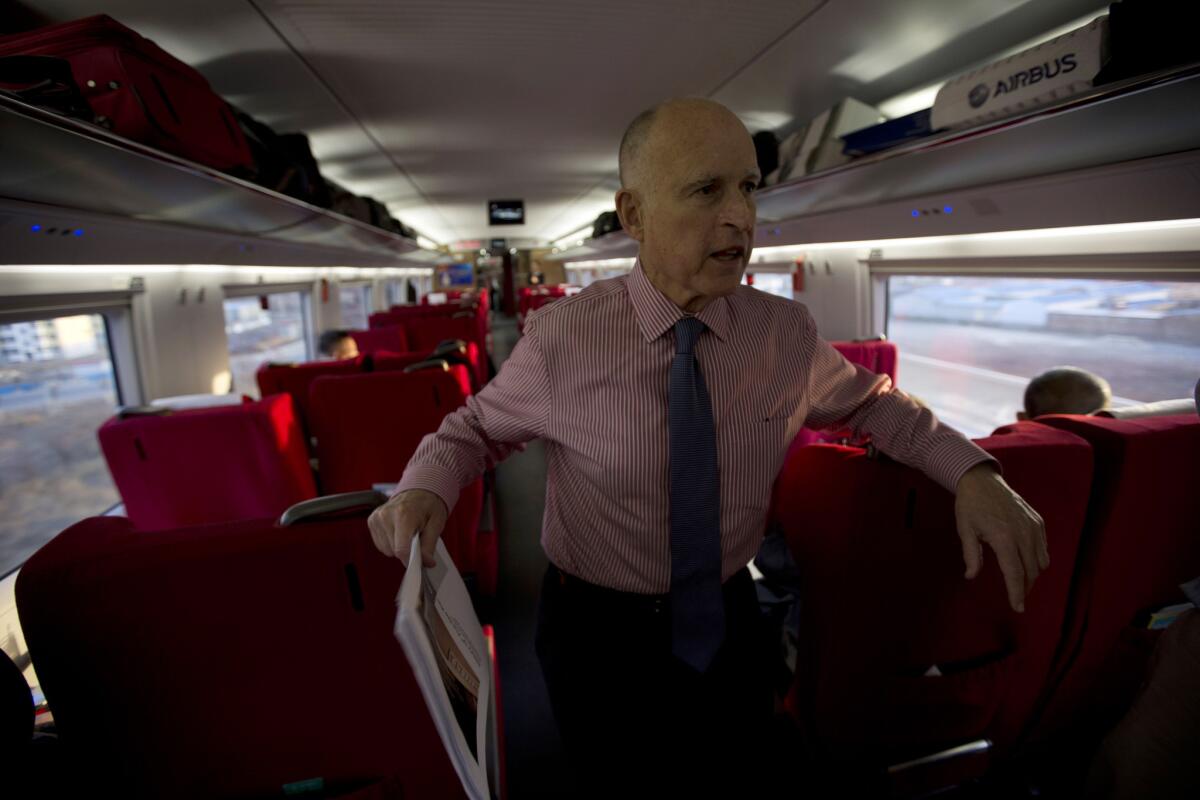 Gov. Jerry Brown aboard a high-speed train in Beijing during his trip to China in April.