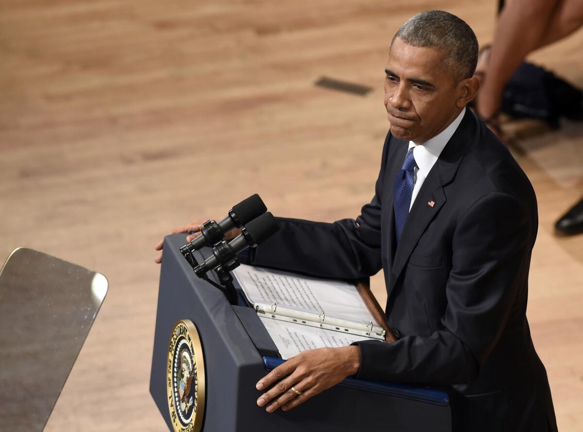 President Obama speaks at a memorial service in Dallas.