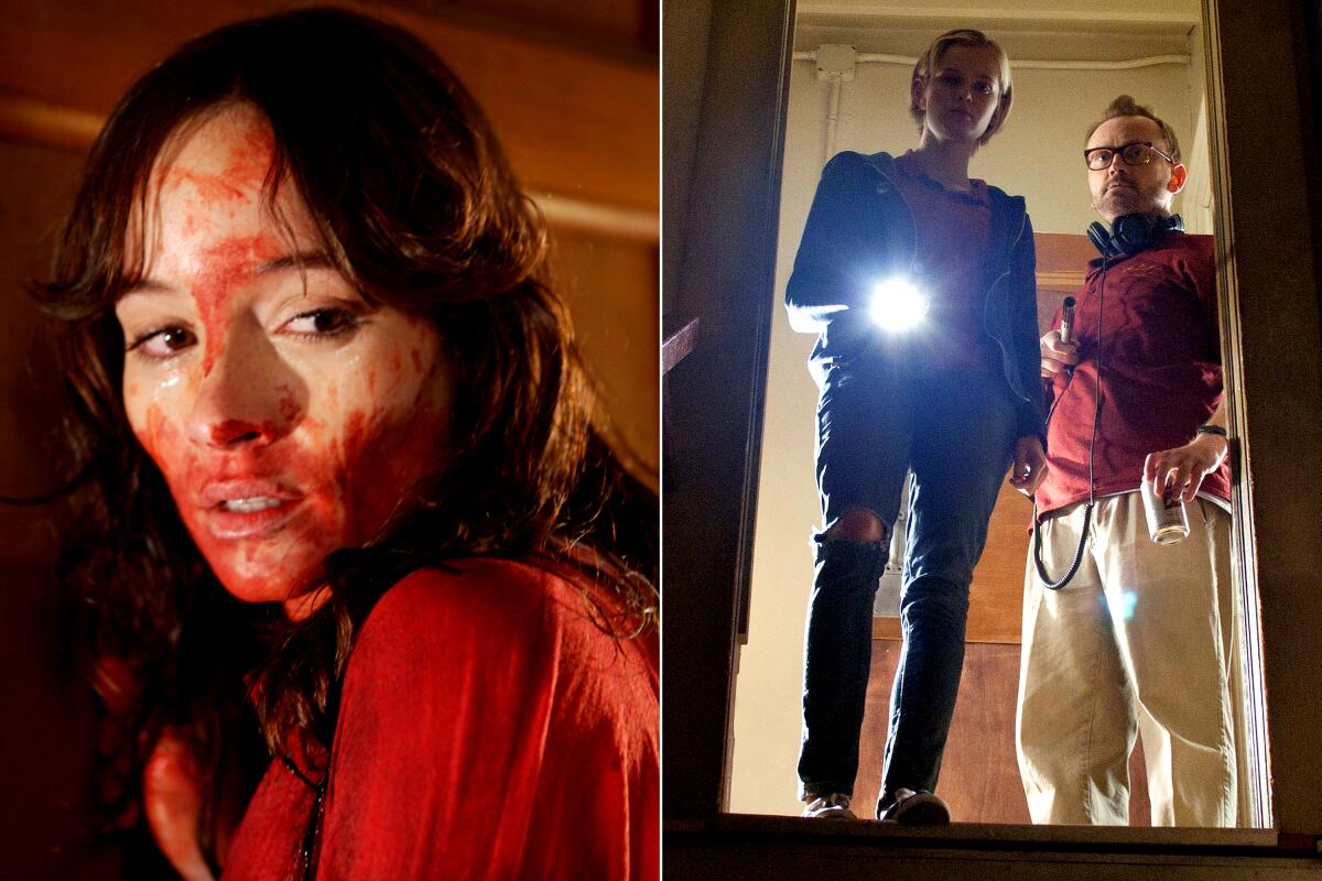 Jocelin Donahue in "The House of the Devil," 2009, left, and Sara Paxton and Pat Healy in "The Innkeepers," 2011.