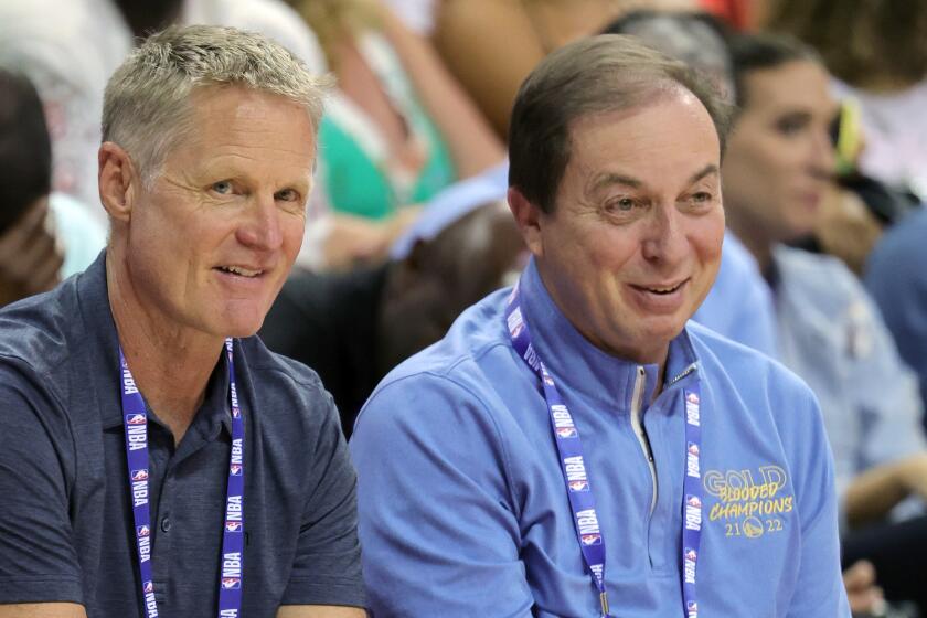 LAS VEGAS, NEVADA - JULY 10: Head coach Steve Kerr (L) and governor Joe Lacob.