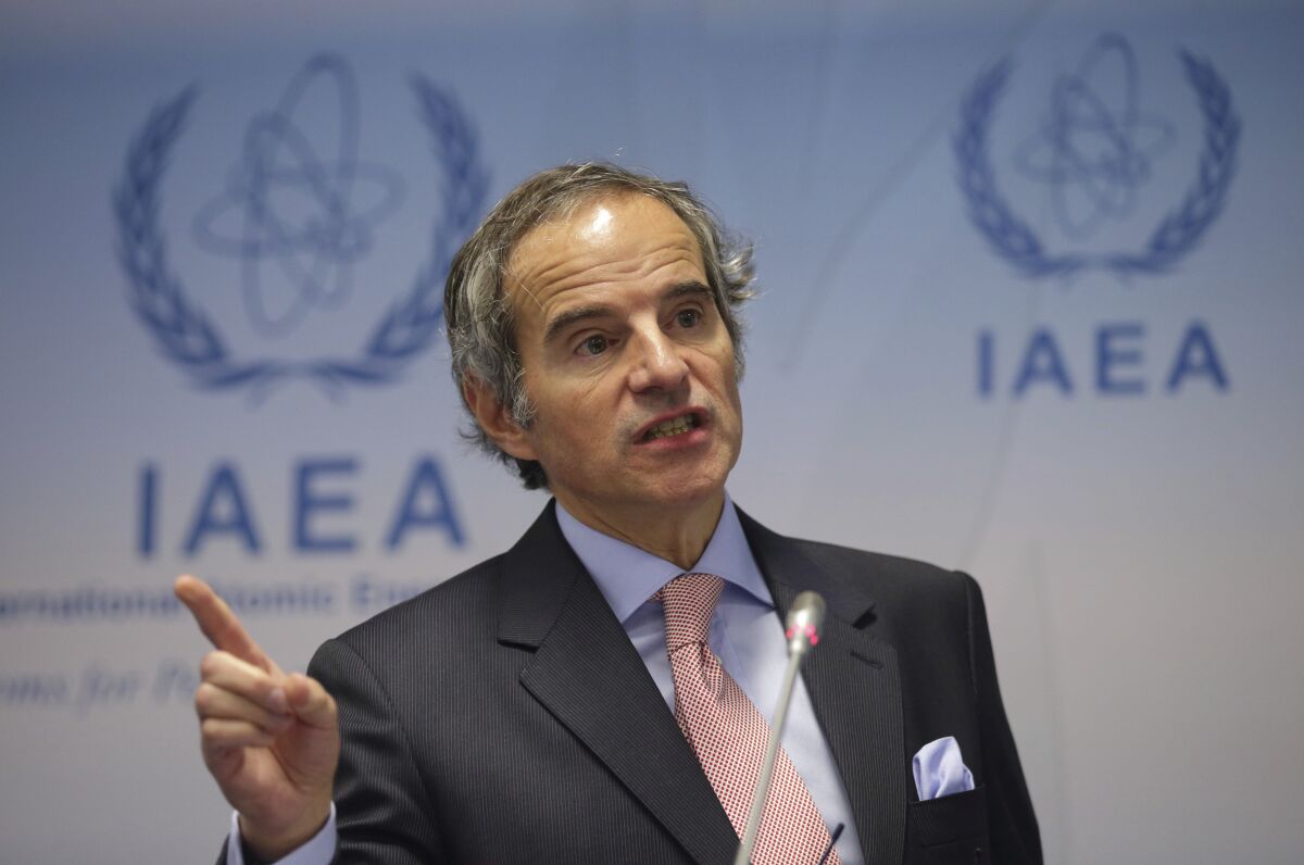 FILE --International Atomic Energy Agency (IAEA) Director General, Rafael Grossi, addresses a news conference during an IAEA Board of Governors meeting in Vienna, Austria, Monday, Feb. 6, 2023. The head of the International Atomic Energy Agency is set for another four-year term at the helm of the United Nations' nuclear watchdog as it grapples with monitoring Iran's nuclear activities and tries to shore up the safety of power plants in Ukraine. (AP Photo/Heinz-Peter Bader, file)