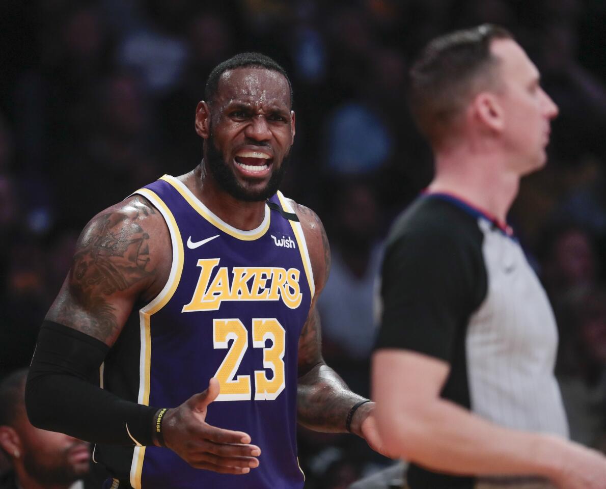 Lakers forward LeBron James argues a call.