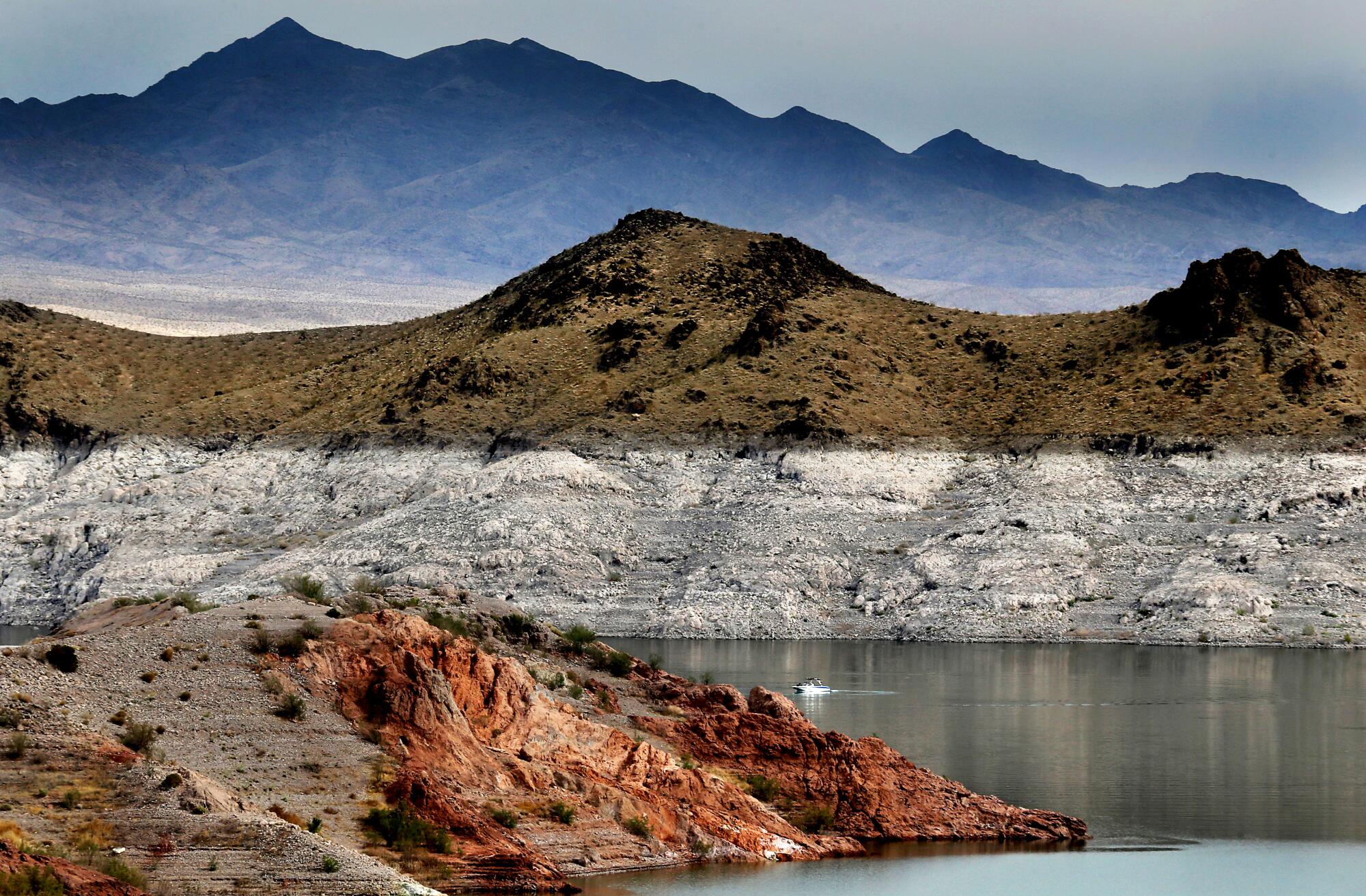 A boat navigates Lake Mead, where a white "bathtub ring" along the shore shows how much higher the water level should be. 