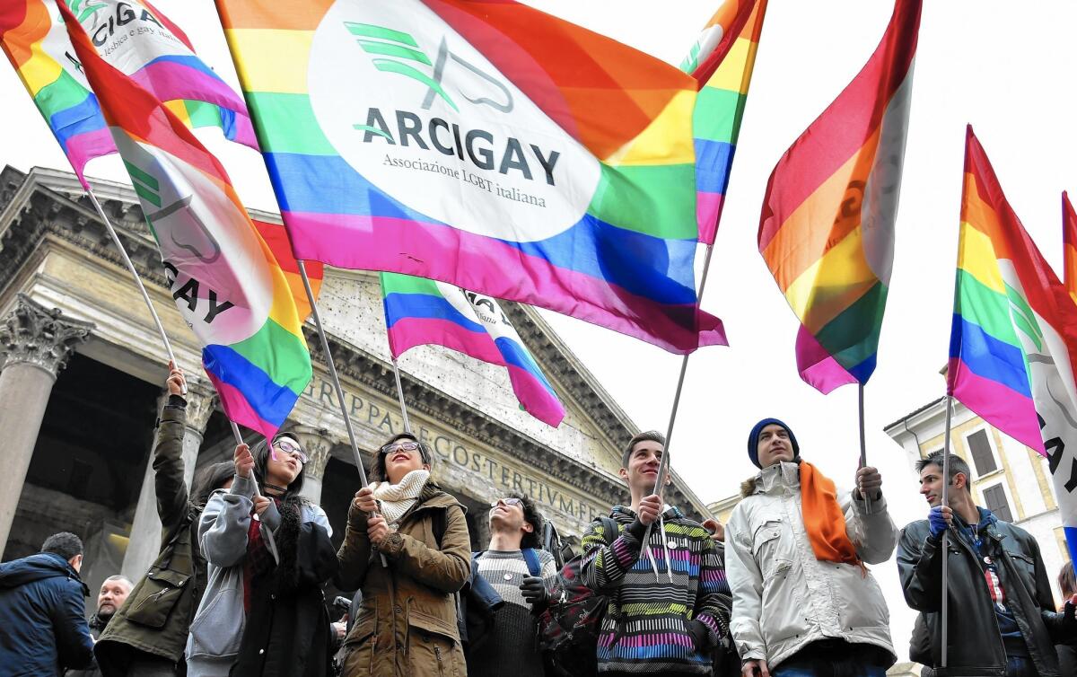 Supporters of same-sex unions gather in January in front of the Pantheon in Rome.