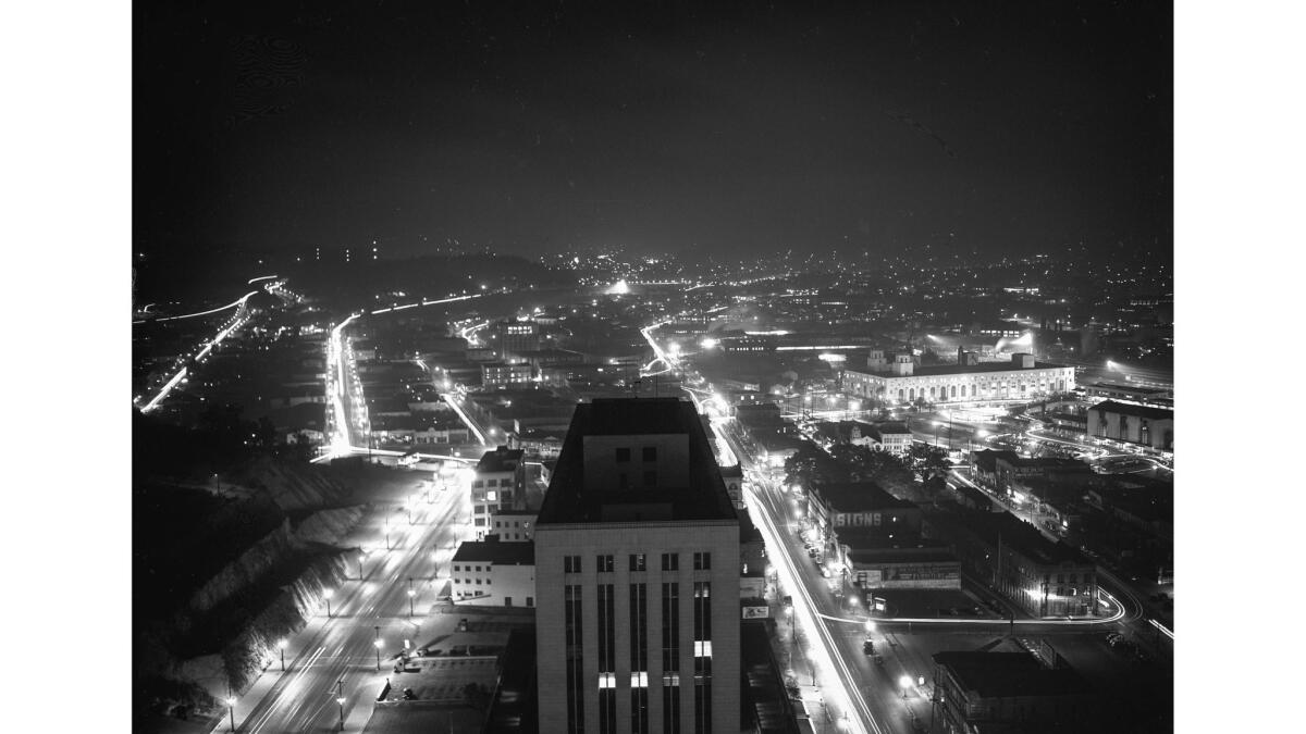 Oct. 29, 1943: Nighttime cityscape seen from city hall tower looking north, during dim-out in Los Angeles, Calif. The dim-outs ended on Nov. 1, 1943.