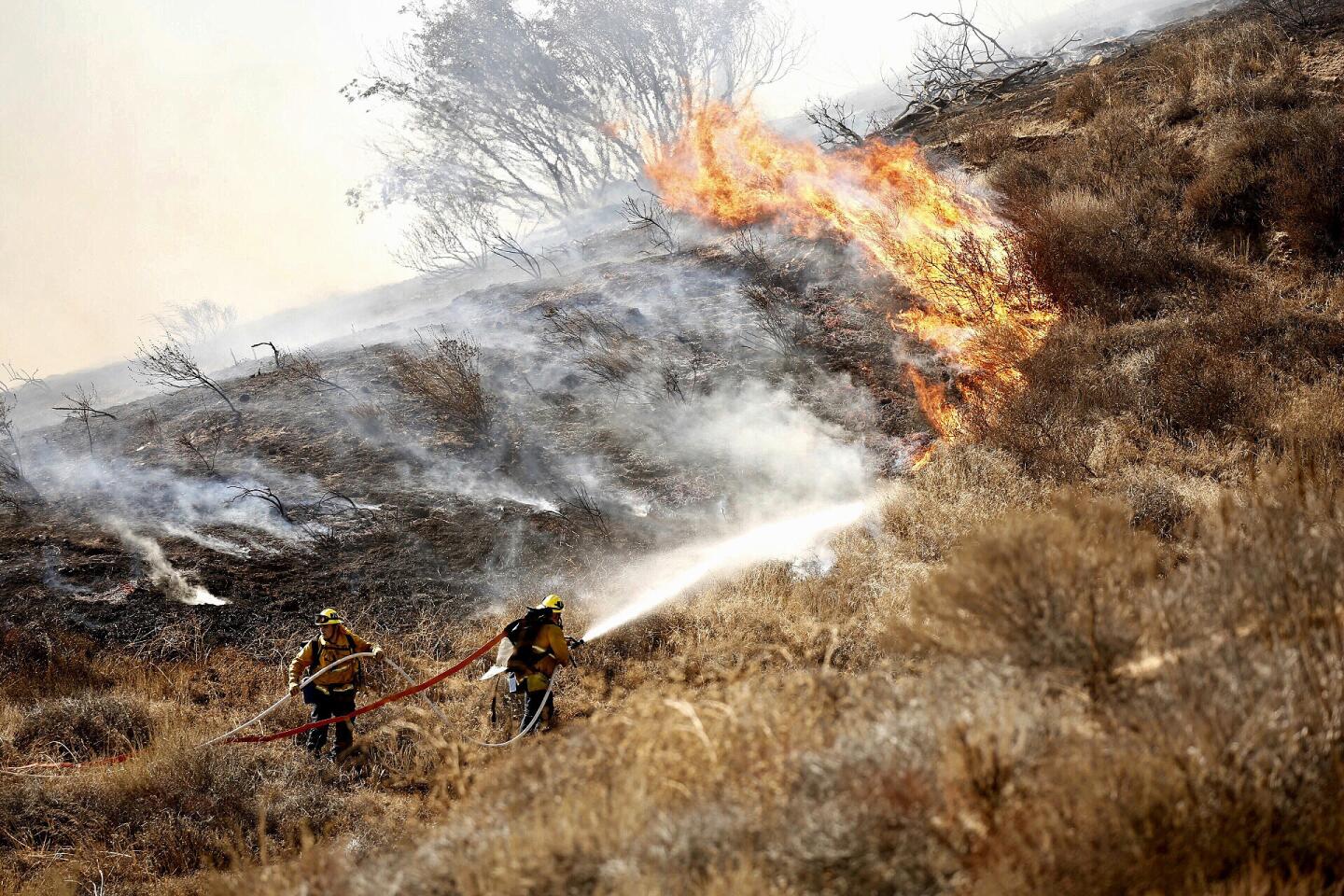 Nearly 100 Los Angeles firefighters were able to contain a five-acre brush fire in the 17000 block of Sesnon Boulevard in Granada Hills near O'Melveny Park.