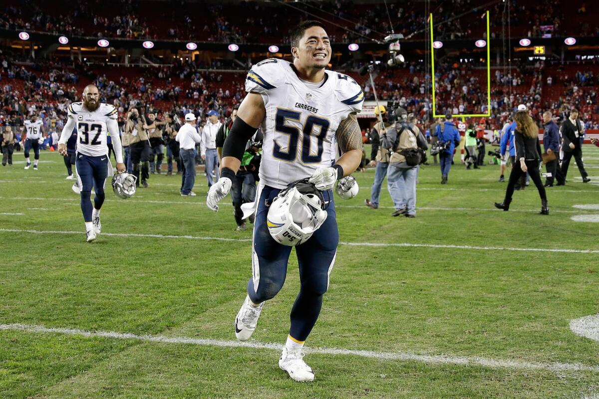 Chargers linebacker Manti Te'o celebrates after San Diego's 38-35 overtime win over San Francisco on Saturday at Levi's Stadium.