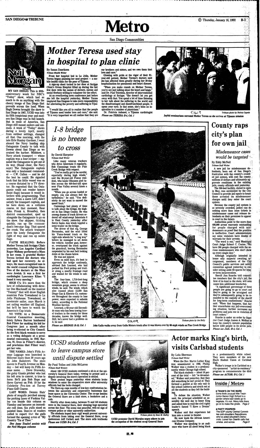 Front page of the Metro section of the Jan. 16, 1992 San Diego Tribune.