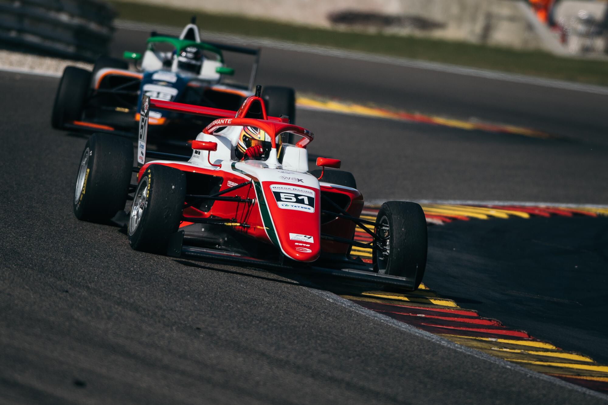 Bianca Bustamante races at the Circuit de Catalunya during the Barcelona round of the 2023 F1 Academy series.