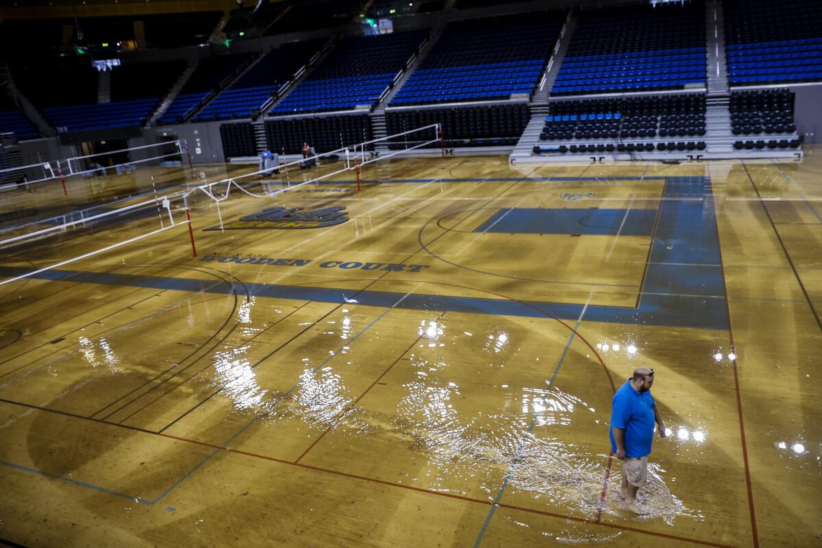 The wood floor of UCLA's Pauley Pavilion was flooded after the July 29 water main break under Sunset Boulevard.