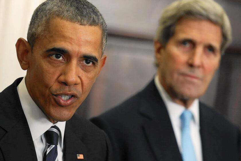 President Obama, with Secretary of State John F. Kerry, announces his decision to reject the Keystone XL pipeline.