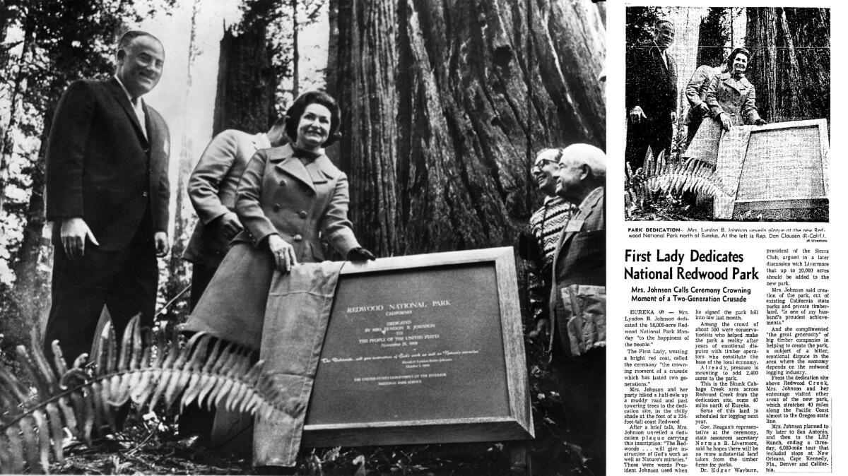 Los Angeles Times photo and newspaper clip of Lady Bird Johnson at the Redwood National Park dedication ceremony. Published Nov. 26, 1968 (AP Wirephoto; Los Angeles Times)