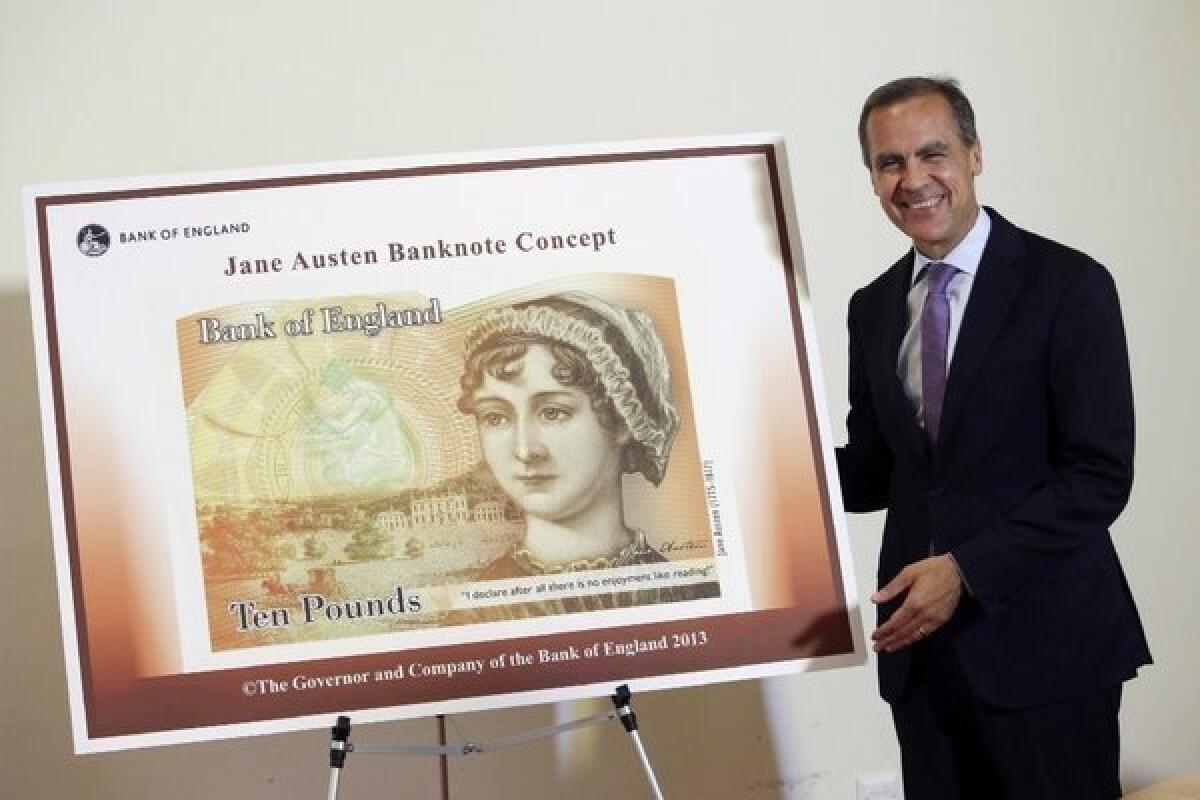 Mark Carney, governor of the Bank of England, with design for 10-pound note featuring Jane Austen.