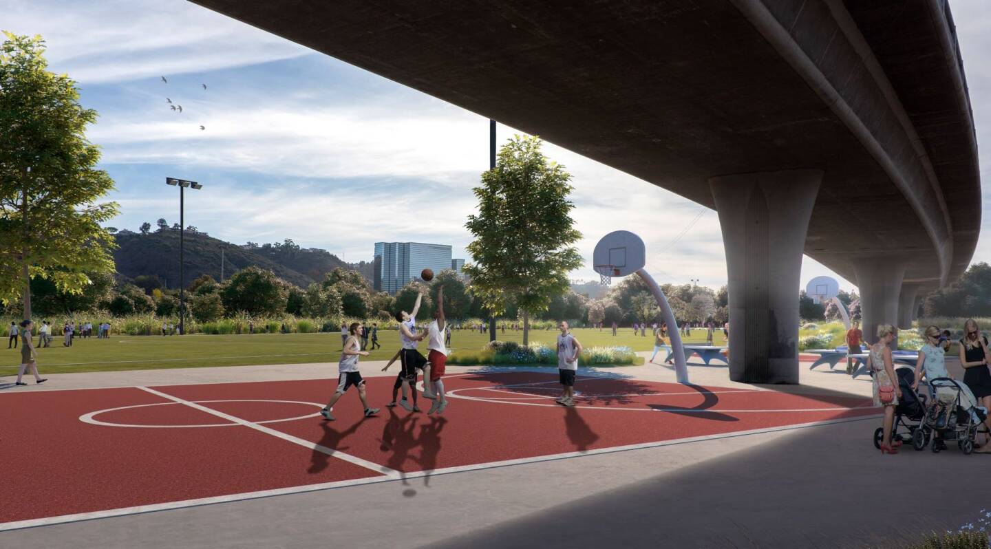 A rendering of the future activity zone, which includes a half- and full-sized basketball court, pingpong tables and picnic tables. Two of the project's six recreational fields are pictured in the background.