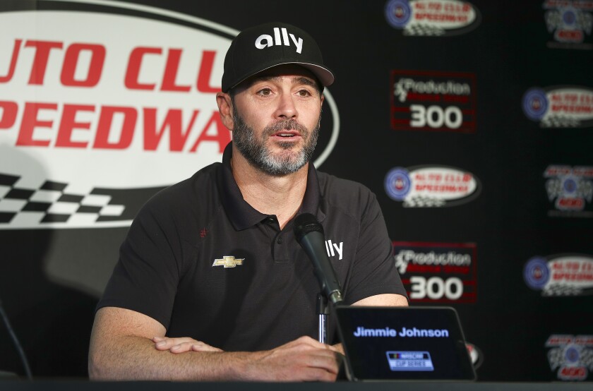 Jimmie Johnson is competing in his final NASCAR Cup race at Auto Club Speedway in Fontana on Sunday.