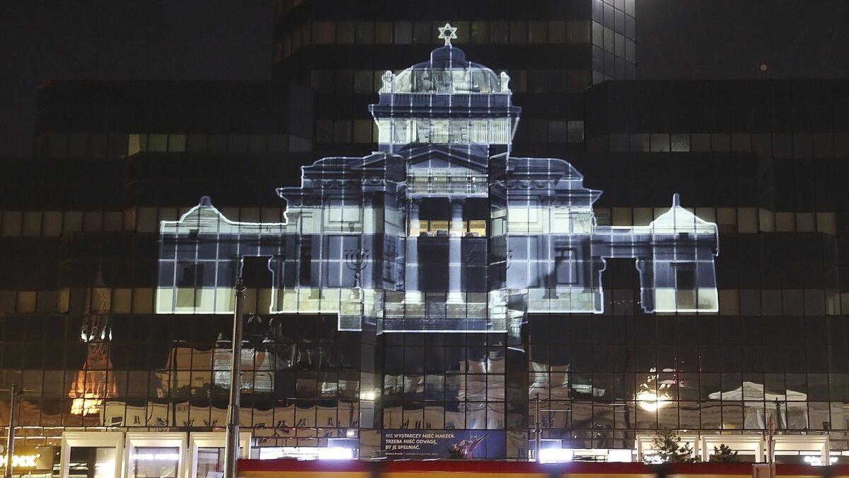 The Great Synagogue of Warsaw, destroyed by German forces during World War II, was recreated virtually with light April 18 as part of anniversary commemorations of the 1943 uprising in the Warsaw Ghetto.