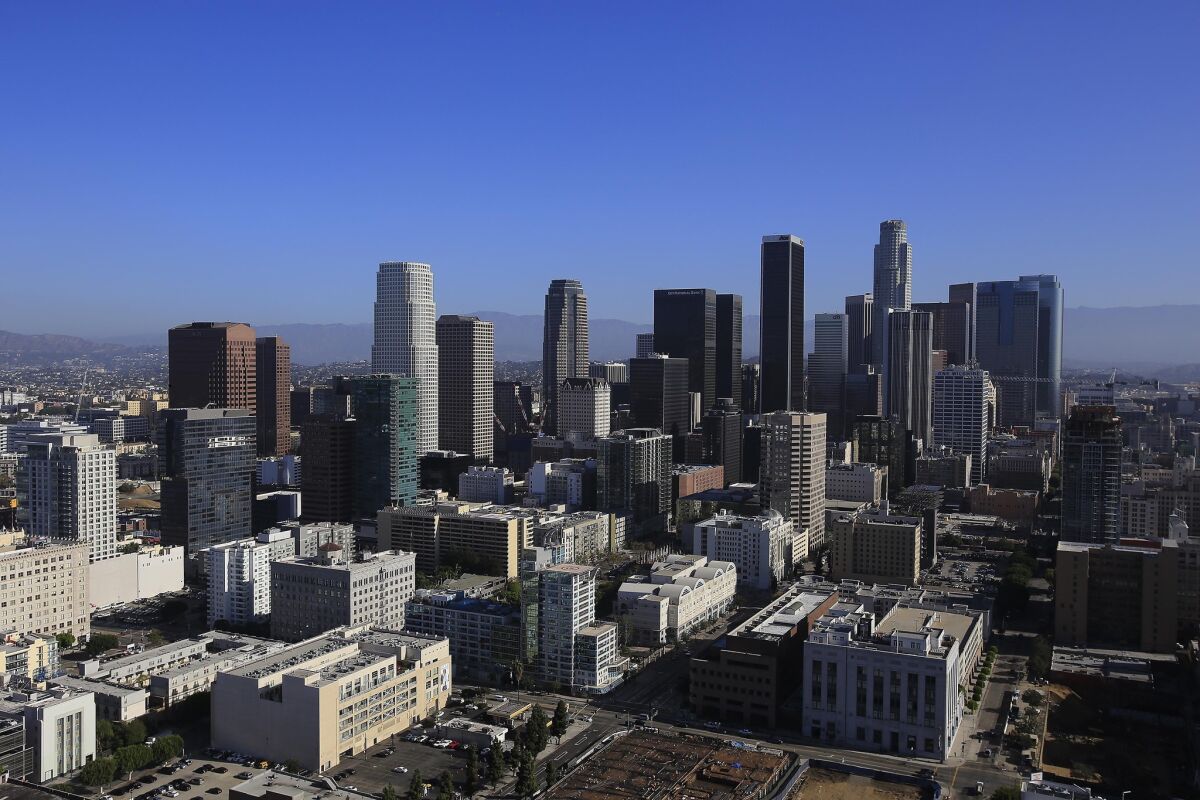 The downtown L.A. skyline as seen Monday from the rooftop helipad of the AT&T Tower building at Olive and 11th streets.