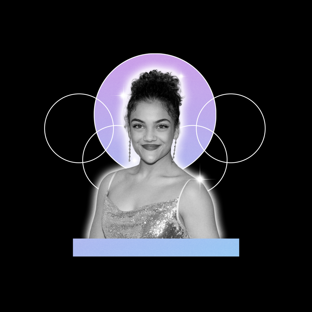 Collage of Laurie Hernandez with the Olympic rings behind her