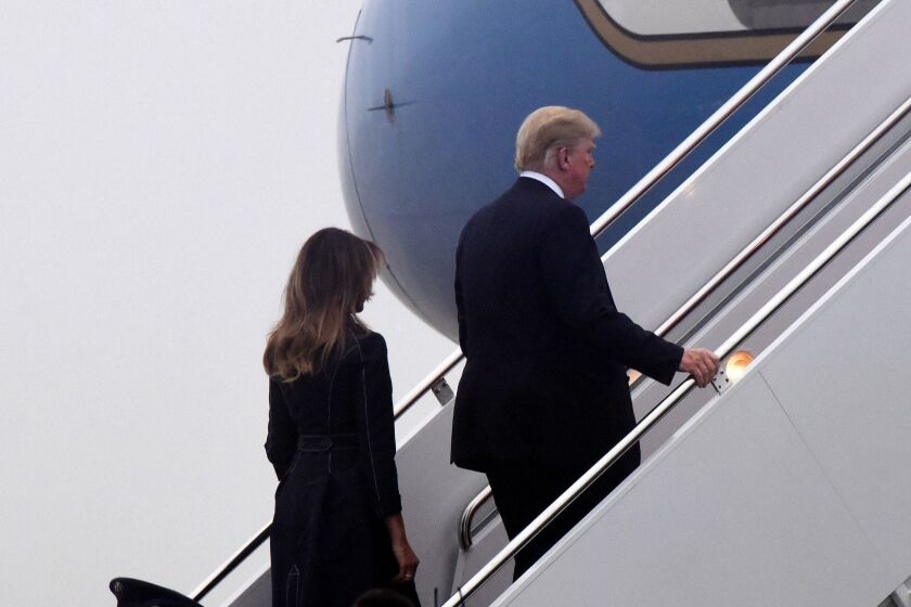 U.S. President Donald Trump and first lady Melania Trump walk to Air Force One before departing from Joint Andrews Air Force base, Md. on Tuesday, Sept. 11, 2018. The president and first lady were headed to the Flight 93 September 11 Memorial Service in Shanksville, Pa. (Olivier Douliery/Abaca Press/TNS) ** OUTS - ELSENT, FPG, TCN - OUTS **