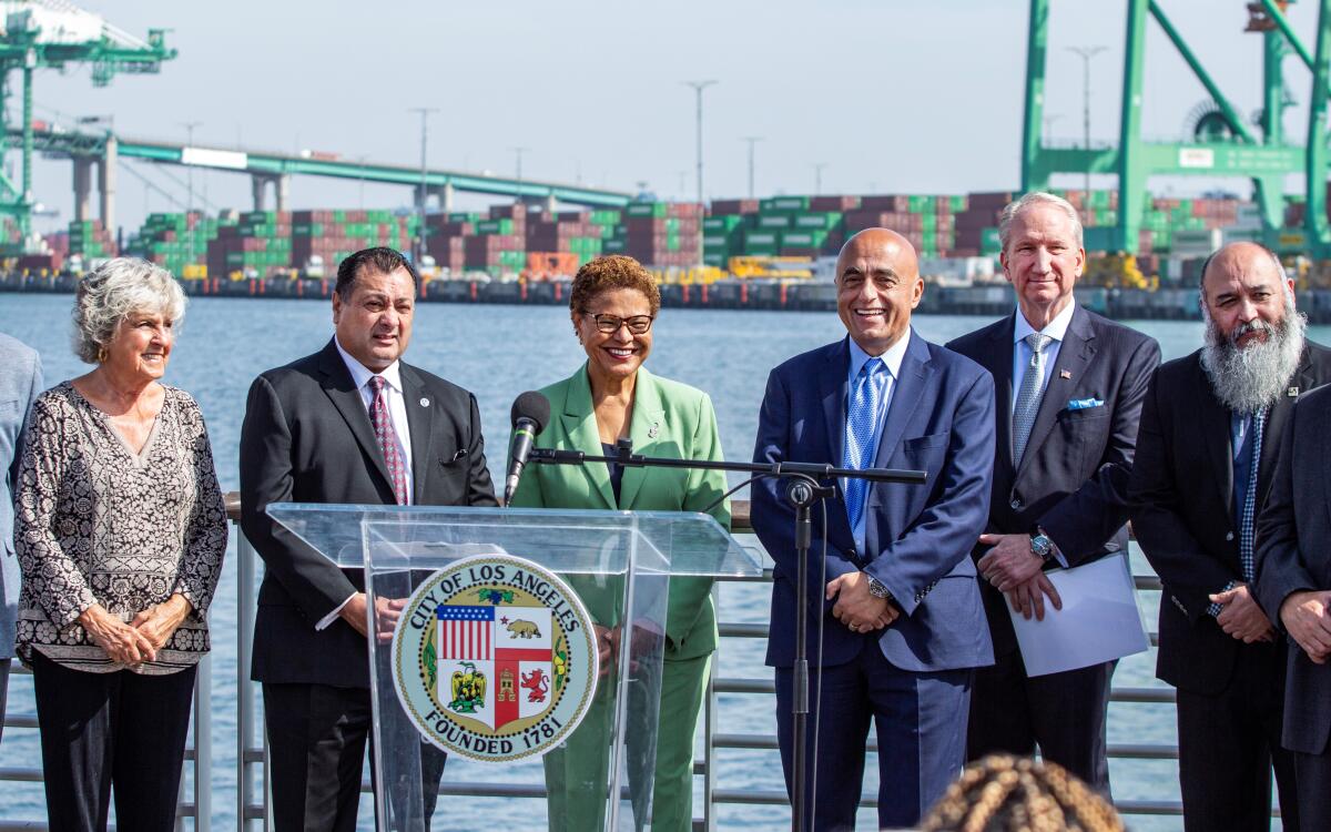 Los Angeles Mayor Karen Bass speaks at an Oct. 13 news conference at the Port of Los Angeles.
