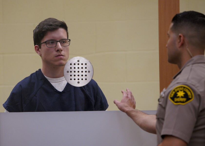 John Earnest, 19, accused of killing one and wounding three others in the Chabad of Poway shooting on April 27, 2019, appears in San Diego Superior Court for his arraignment. He is charged in both state and federal court.